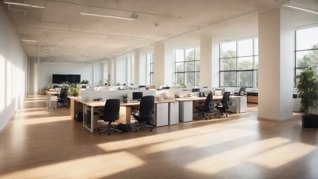 Create an image showcasing a pristine office space, bathed in natural light, with meticulously polished floors reflecting gleaming desks, sanitized surfaces, and sparkling windows.