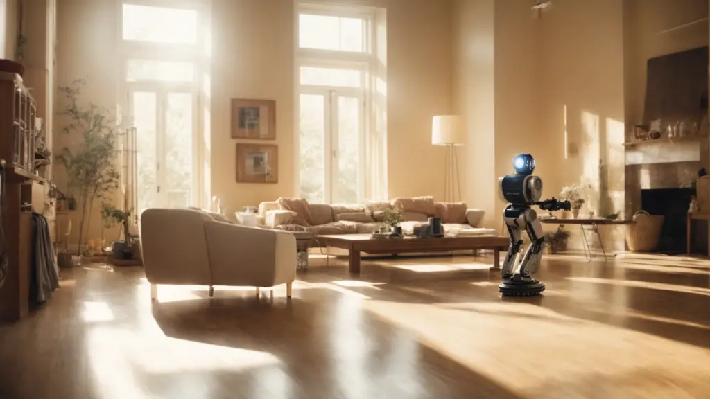Create an image showcasing a person effortlessly gliding a robot mop across a gleaming, spotless floor, surrounded by clutter-free furniture. Sunlight streams through the sparkling windows, illuminating the pristine space.