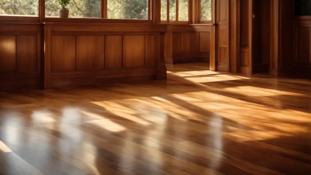 Create an image capturing a pair of pristine, polished wooden floors reflecting the sunlight, with a meticulously maintained pattern of intricate brush strokes, showcasing the secrets to flawless floor maintenance.