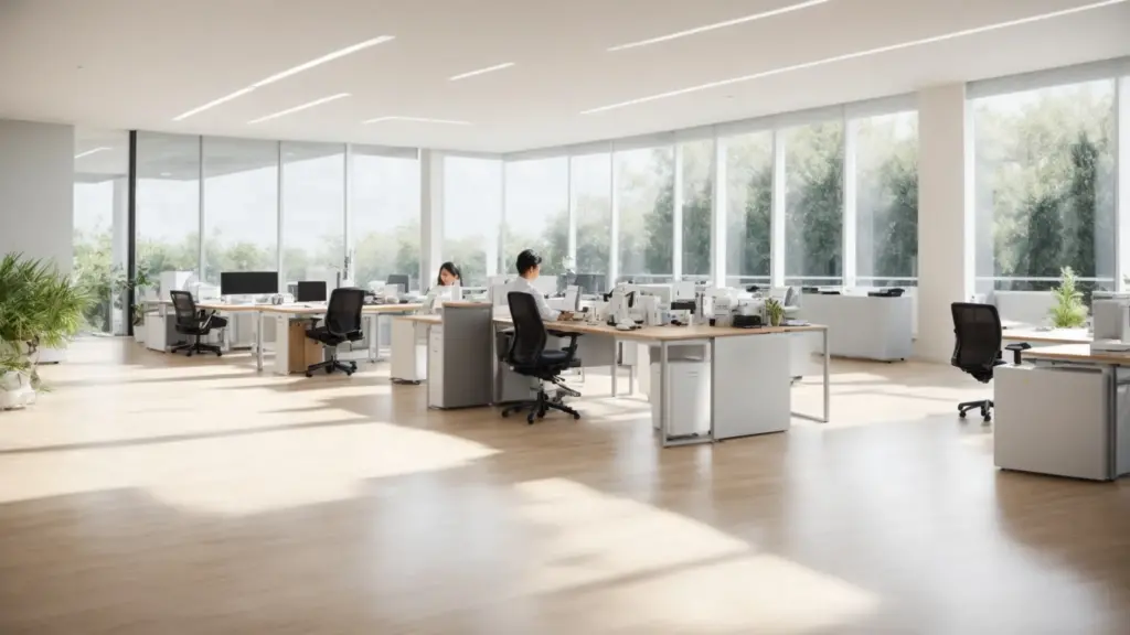 Create an image depicting a pristine office space with gleaming floors and spotless windows. Show professional cleaners in action, meticulously sanitizing workstations and refreshing common areas, illustrating the top benefits of hiring commercial cleaners for your business.