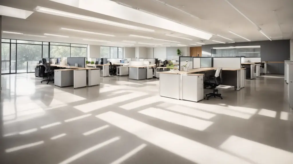 Create an image showcasing a neatly organized office space with sparkling clean desks, polished floors, and gleaming windows. Show a professional cleaner diligently wiping away dust, conveying the reliability of affordable office cleaning services for small businesses.