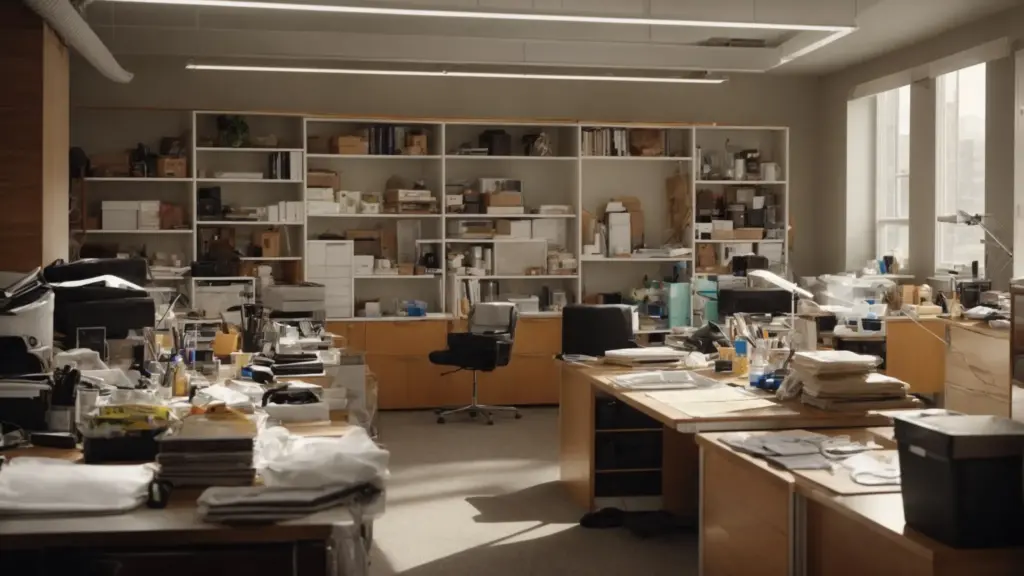 Create an image that showcases the transformation of a cluttered, dusty office into a gleaming, organized space. Highlight the meticulous cleaning process, with a professional cleaner using state-of-the-art equipment to ensure a spotless and germ-free environment.
