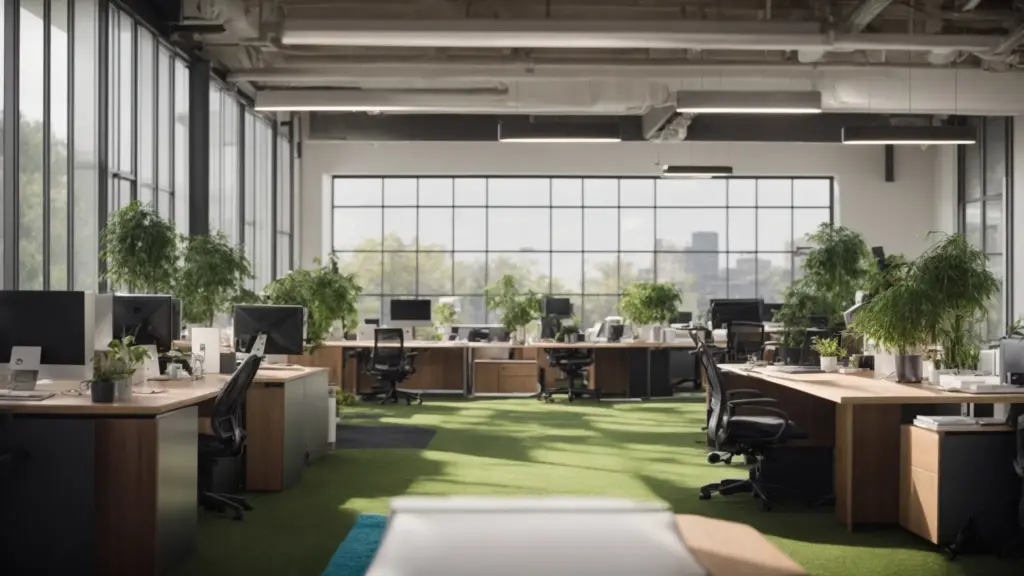 Create an image showcasing a bustling office space transformed into a pristine oasis, with a team of professional cleaners efficiently utilizing cutting-edge robotic equipment and eco-friendly cleaning products, emblematic of cost-effective cleaning solutions for businesses in 2024