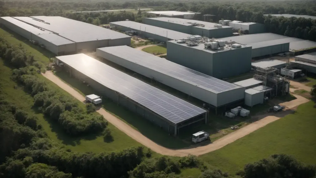 Create an image of a sprawling industrial facility surrounded by lush greenery, with workers wearing eco-friendly cleaning gear. Show solar panels on the roof, rainwater harvesting systems, and electric vehicles, highlighting the importance of sustainable cleaning practices in large facilities.