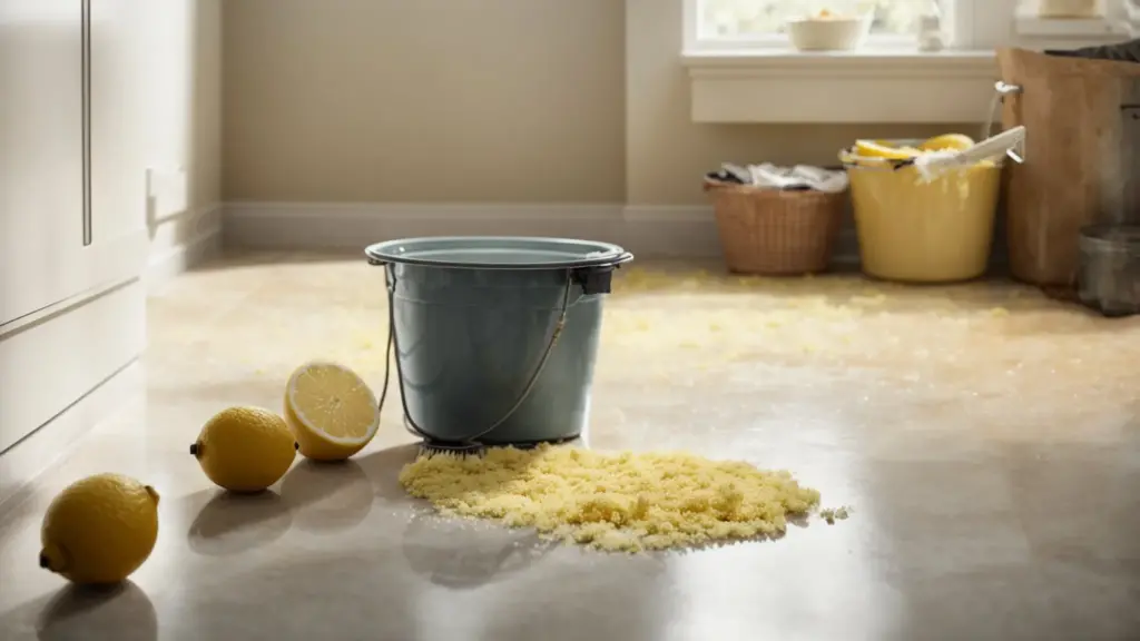 a sparkling clean floor with a mop and a bucket next to an assortment of natural ingredients like vinegar, baking soda, and lemons.