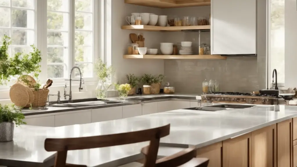 Illustrate a sparkling clean kitchen with natural light highlighting gleaming surfaces, an array of eco-friendly cleaning products, tools on the counter, and a step ladder beside open cabinets showcasing organized, pristine kitchenware.