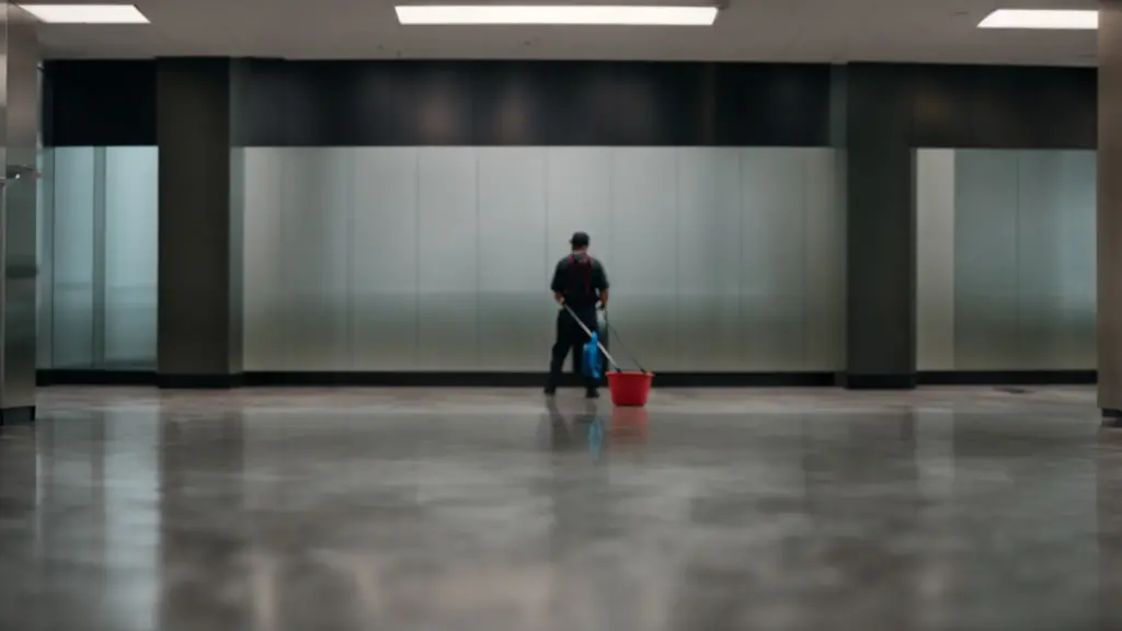 a professional cleaner mopping a vast, shiny floor of an empty office lobby.