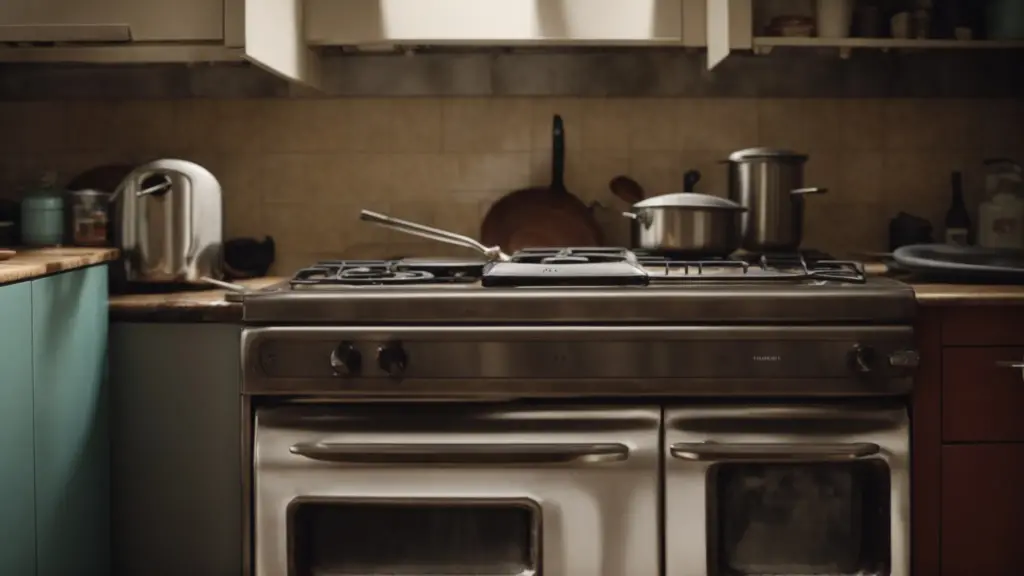 a kitchen with a greasy stove, cluttered countertops, and a dirty floor that clearly needs a deep cleaning.
