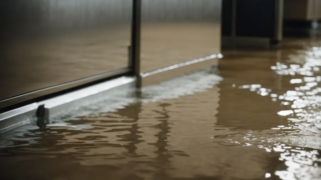 a close-up of a flooded commercial kitchen floor with water leaking from under the sink.