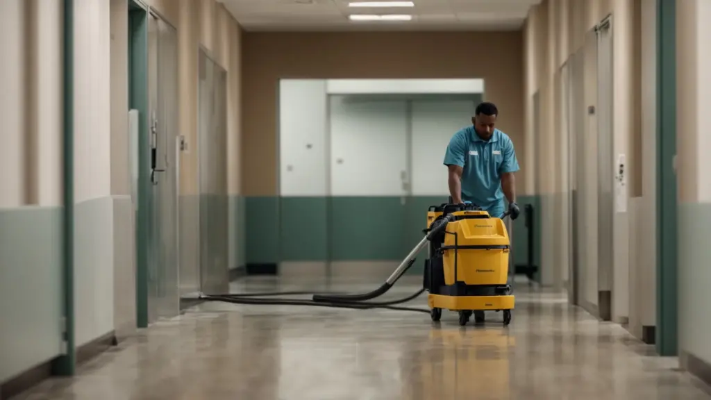 a janitor efficiently cleans a wide hallway with a new, advanced floor scrubbing machine.