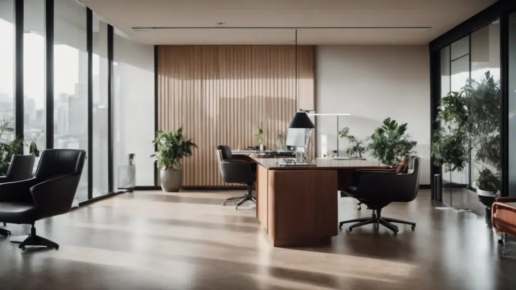 a sleek, modern office space gleams after a thorough cleaning, reflecting professionalism and attention to detail.