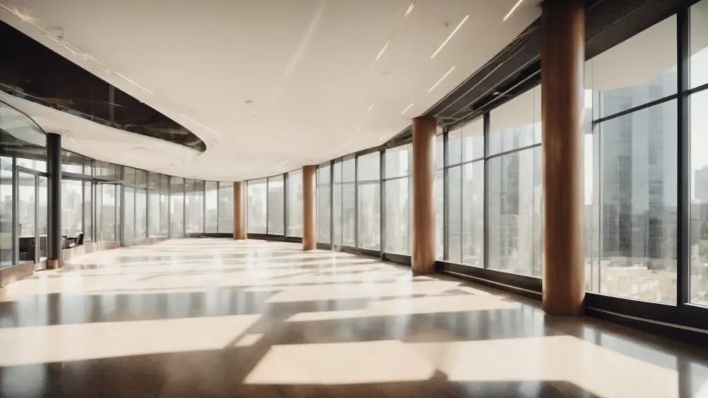 a gleaming office space with sparkling windows and polished floors illuminated by natural sunlight.