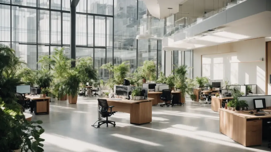 a broad, sunlit modern office space with desks, ergonomic chairs and plants being cleaned by professionals wearing uniforms.