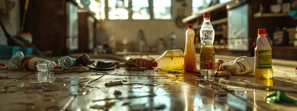 a group of cleaning supplies scattered on the floor of a messy commercial kitchen in san diego.