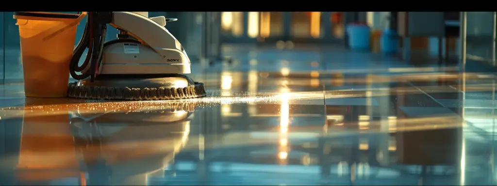a commercial floor cleaning machine in action next to a bucket and mop.