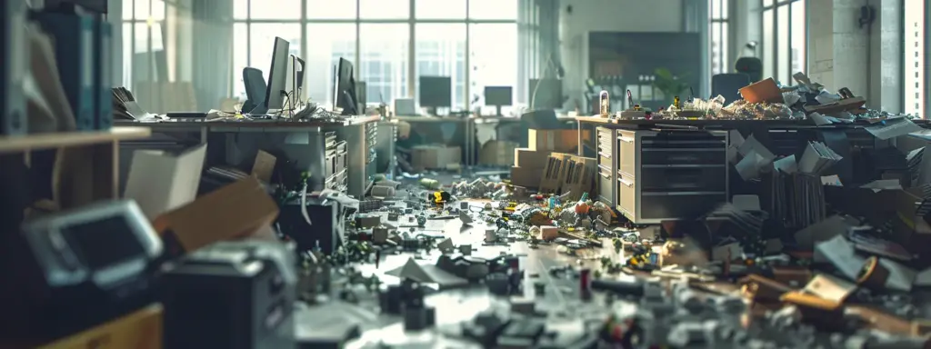 a cluttered and dust-covered office space with overflowing trash cans and dirty floors.