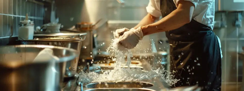 a restaurant worker cleaning a clogged drain in the kitchen sink.