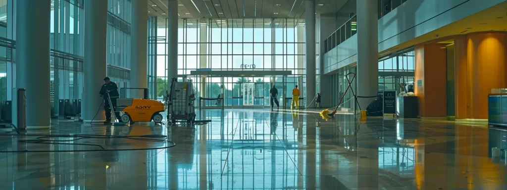 a professional cleaning crew using industrial equipment to clean the floors of a large office building in san diego.