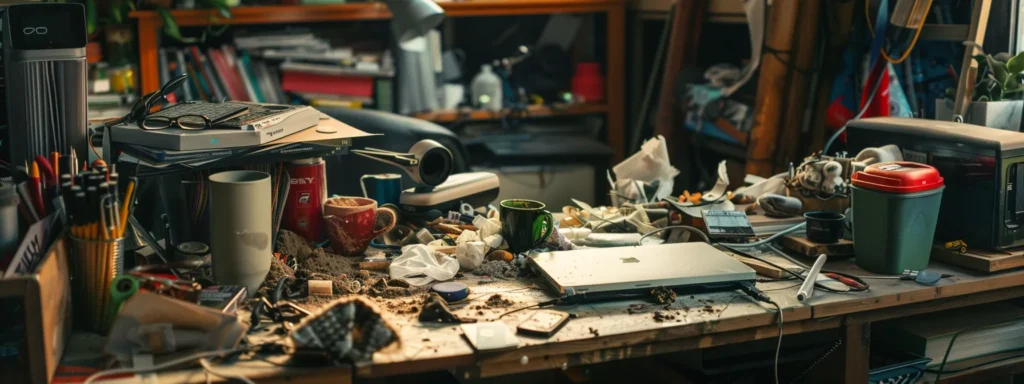 a cluttered desk covered in dust and dirty coffee mugs, with overflowing trash bins in the background.