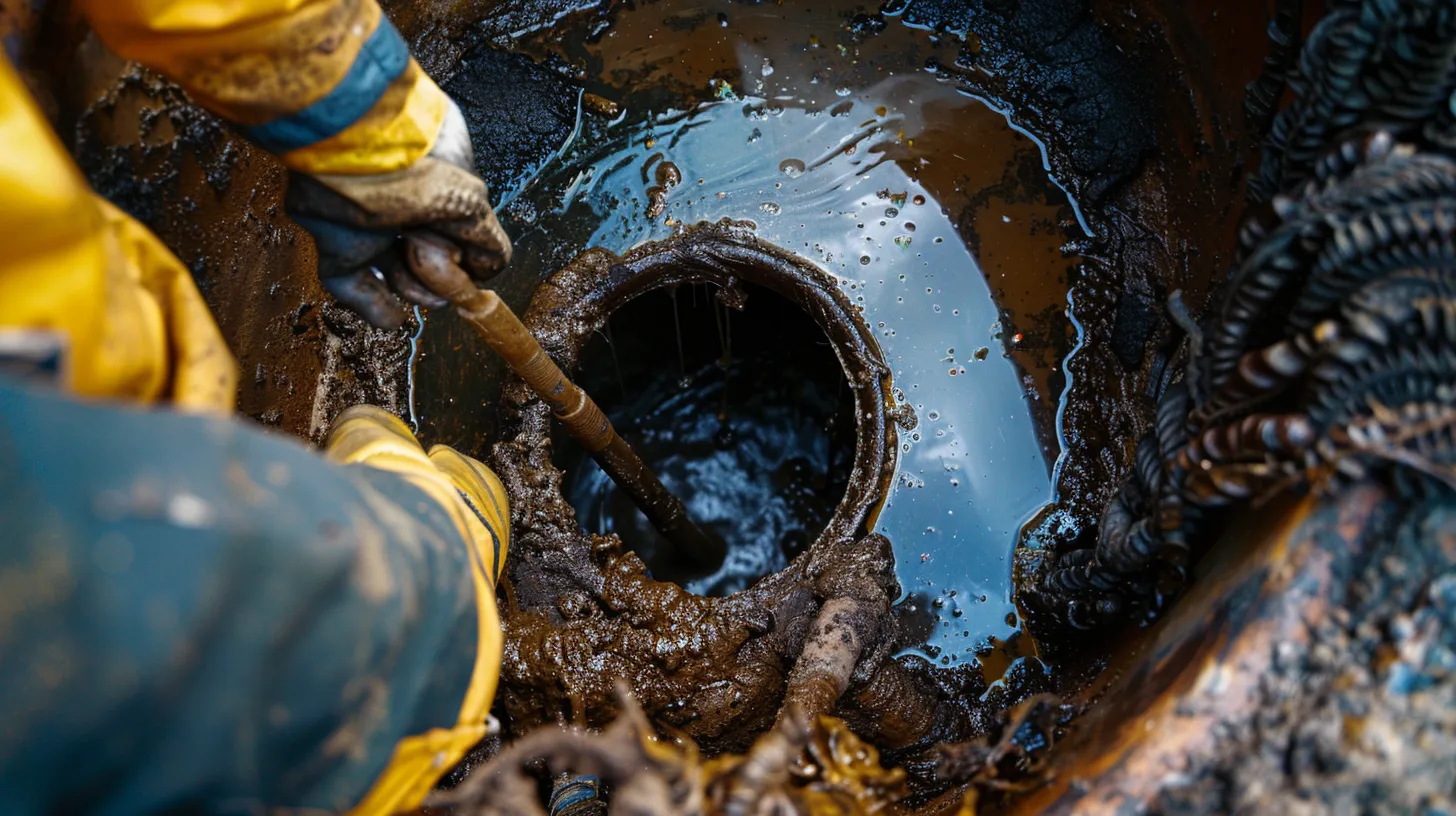 A close-up of a clogged commercial drain, filled with thick, dark grease and oil. Surrounding pipes show signs of corrosion and buildup. Nearby, a maintenance worker inspects the drain with tools in hand.