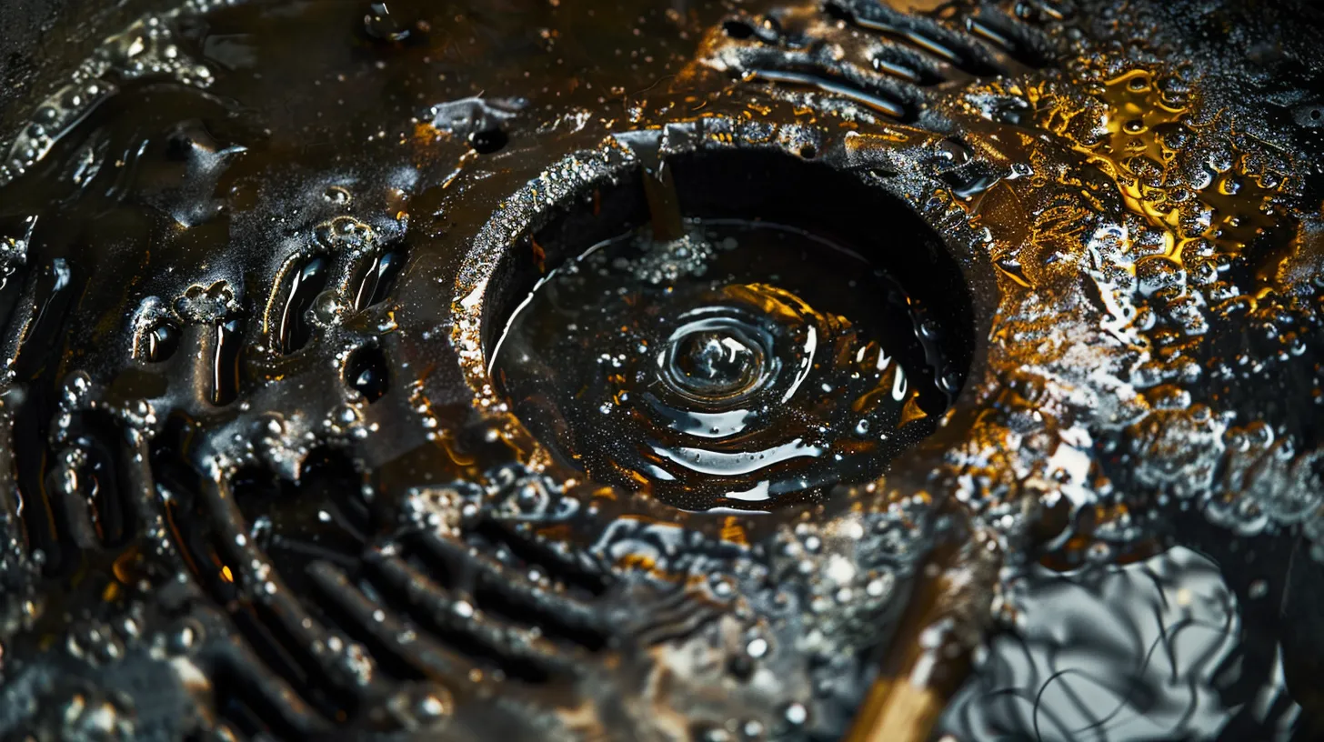 a close-up of a greasy commercial drain with dark, thick oil pooling around it, surrounded by cleaning tools like brushes and detergents, highlighting the contrast between grime and a shining clean area nearby.
