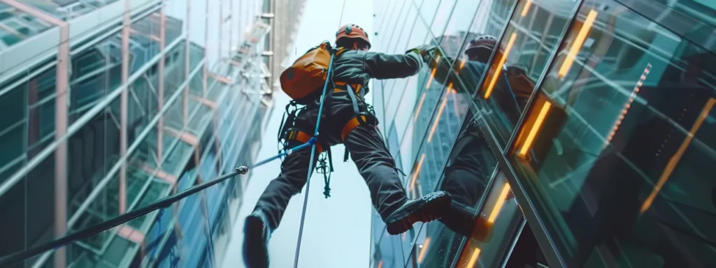 a worker in a sturdy harness carefully cleaning a skyscraper window high above the city streets.