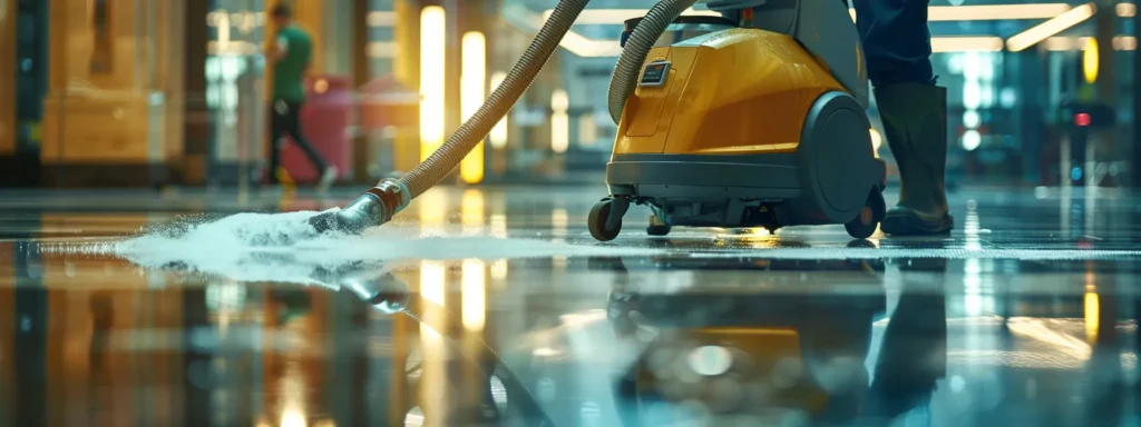 a professional cleaning crew using powerful vacuums and sanitizing machines to remove allergens and dust particles from a spotless commercial floor.