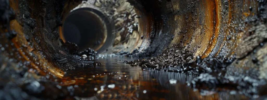 a grimy, clogged drain pipe oozing with thick, black oil and grease buildup.
