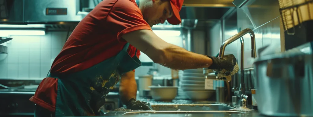 a professional plumber removing a clog from a glistening stainless steel kitchen sink in a bustling commercial kitchen.