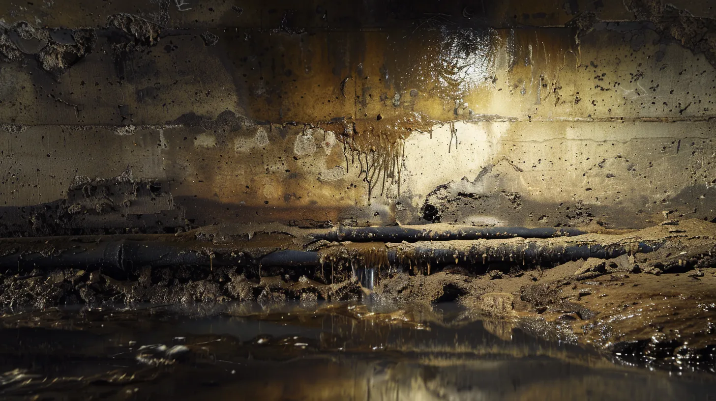 Visualize a cross-section of a commercial drain, showing layers of grease and oil buildup, surrounded by deteriorating pipes and dark water, with a contrasting clean section illustrating prevention methods, like grease traps and maintenance tools.