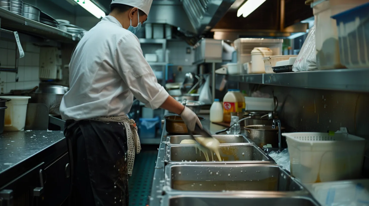 A bustling commercial kitchen with a chef pouring grease into a labeled disposal container, while a clean, organized drain area is visible, showcasing signs of proper waste management and maintenance.