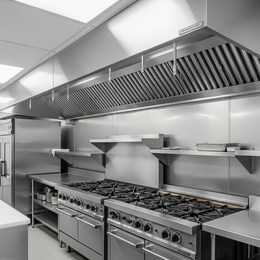 Commercial kitchen after Cleaniful degreasing &acirc;&euro;&rdquo; mirror-polished stainless surfaces