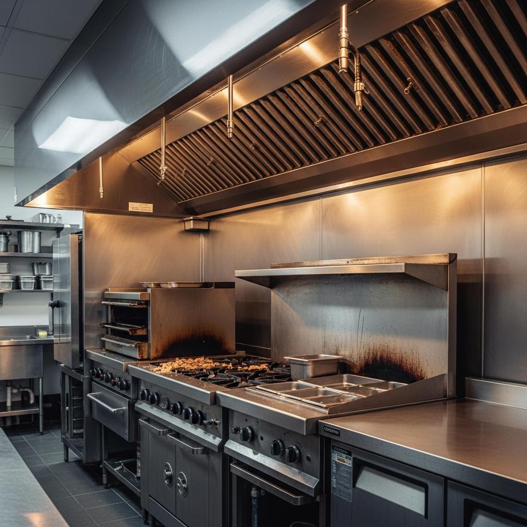 Commercial kitchen before Cleaniful degreasing &acirc;&euro;&rdquo; greasy hood and oily stainless surfaces