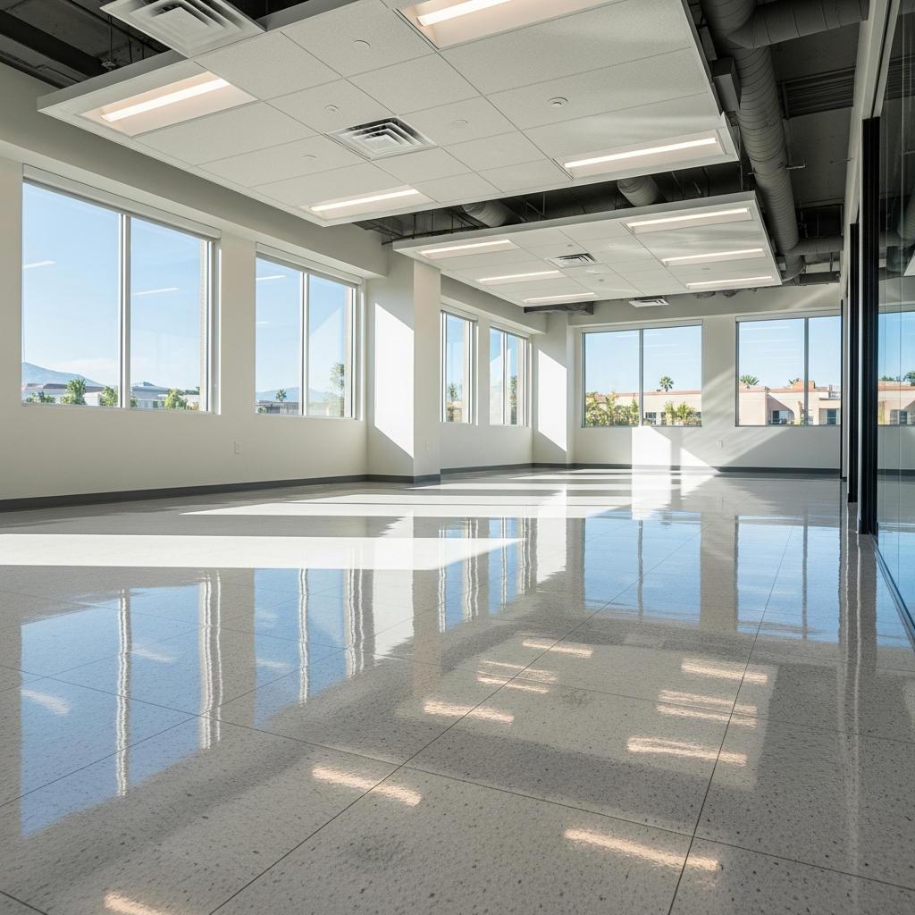 Office floor after Cleaniful deep cleaning &acirc;&euro;&rdquo; pristine polished vinyl tile
