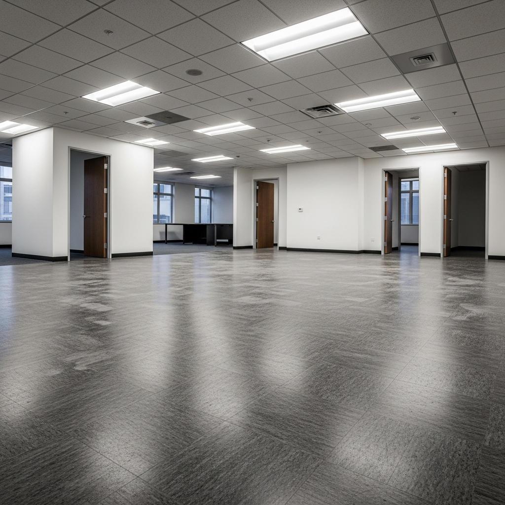 Office floor before Cleaniful deep cleaning &acirc;&euro;&rdquo; worn dingy vinyl tile