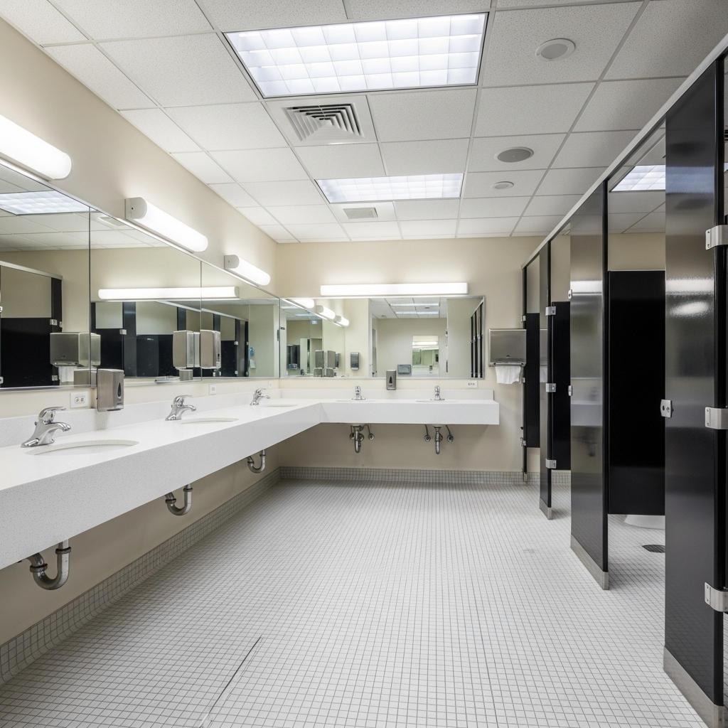 Commercial restroom after Cleaniful sanitation &acirc;&euro;&rdquo; sparkling tile and gleaming chrome