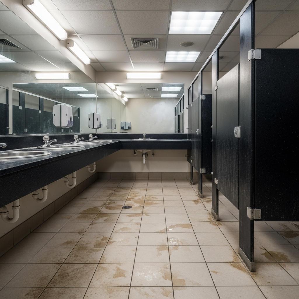 Commercial restroom before Cleaniful sanitation &acirc;&euro;&rdquo; stained tile and cloudy fixtures